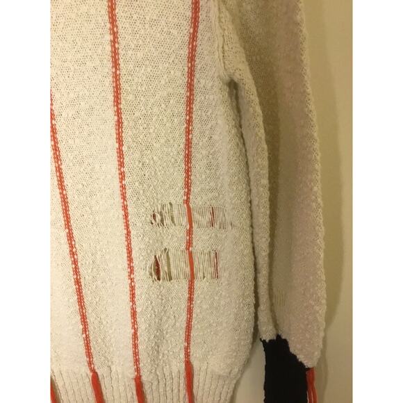 Raquel Allegra Distressed White Boucle striped Cotton Sweater W/Fringe XS - Picture 6 of 7